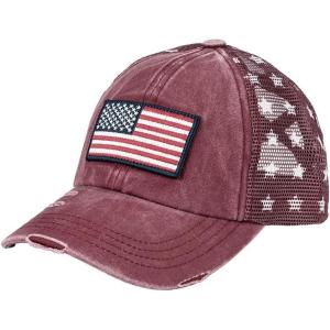 imageCC Womens CrissCross Ponytail Baseball Cap  Embroidered Cotton Front American Flag Mesh Back Adjustable VelcroFlagburgundy