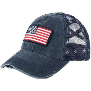 imageCC Womens CrissCross Ponytail Baseball Cap  Embroidered Cotton Front American Flag Mesh Back Adjustable VelcroFlagnavy