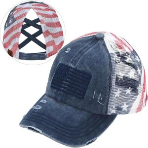 imageCC Womens CrissCross Ponytail Baseball Cap  Embroidered Cotton Front American Flag Mesh Back Adjustable VelcroNavy
