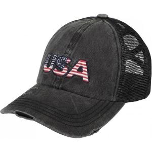 imageCC Womens CrissCross Ponytail Baseball Cap  Embroidered Cotton Front American Flag Mesh Back Adjustable VelcroUsablack