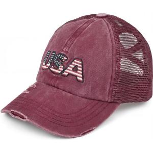 imageCC Womens CrissCross Ponytail Baseball Cap  Embroidered Cotton Front American Flag Mesh Back Adjustable VelcroUsaburgundy