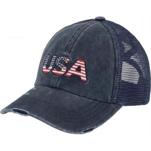 imageCC Womens CrissCross Ponytail Baseball Cap  Embroidered Cotton Front American Flag Mesh Back Adjustable VelcroUsanavy