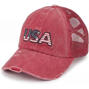 imageCC Womens CrissCross Ponytail Baseball Cap  Embroidered Cotton Front American Flag Mesh Back Adjustable VelcroUsared