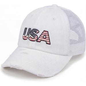 imageCC Womens CrissCross Ponytail Baseball Cap  Embroidered Cotton Front American Flag Mesh Back Adjustable VelcroUsawhite